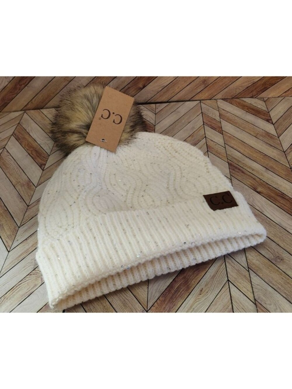 New Women C.C Cream Knit Beanie With Faux Fur Pom Subtle Sequin Bling Size O/S